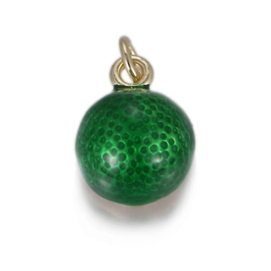 Detail of green 3D fruit pendant with textured surface and gold plating loop