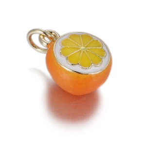 Detailed close-up of orange citrus pendant with bright enamel finish and golden ring loop