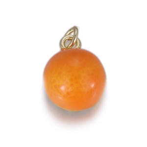 Close-up of orange fruit charm pendant with textured surface and gold ring connector