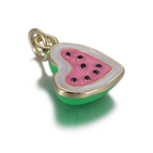 Close-up of a 3D heart-shaped watermelon pendant with colorful enamel and gold loop
