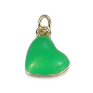 Detail showing high-shine heart pendant with vibrant green enamel and gold finish