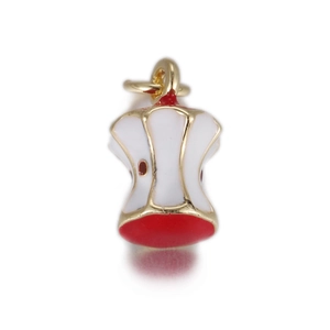 Detailed close-up of a 3D apple core pendant with colorful enamel and a golden finish loop
