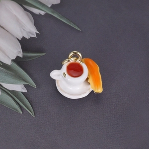 Miniature coffee cup and croissant pendants with gold rings for DIY jewelry charms