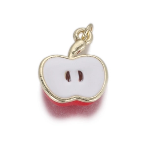 3D cartoon apple pendant with red and white enamel in a gold metal frame finish