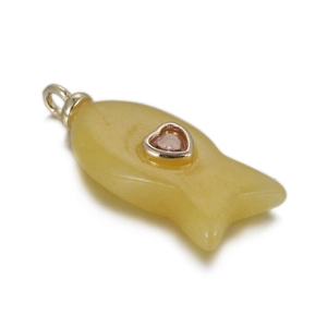 Natural yellow jade fish pendant with pink heart zircon inlay and gold loop buckle