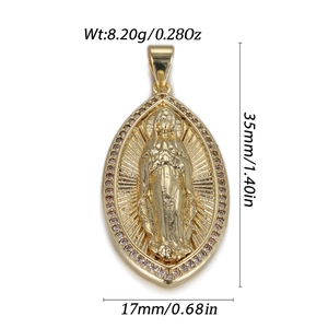 Gouden ovale Maria hanger met strass, afmetingen 35mm x 17mm en gewicht van 8,20g voor sieraden