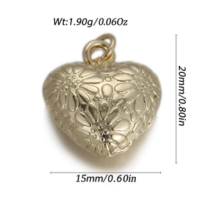 Detailed view of gold-tone heart pendant with dimensions 20x15mm and 1.9g weight specifications