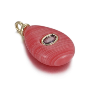 Detail of teardrop rhodochrosite pendant with purple stone and golden clasp