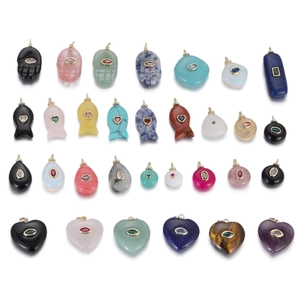Natural Stone Geometric Pendant Charms DIY Lucky Fish Heart Hamsa Hand Jewelry Accessories Electroplated Alloy Rhinestone Pendants