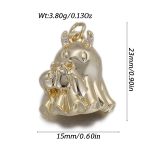Golden ghost pendant with bow and cubic zirconia detailing 23mm size measurements