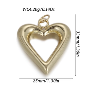 Polished gold hollow heart pendant showing measurements 33mm by 25mm for DIY jewelry