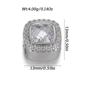 Detailed view of square silver charm with 13mm sparkling cubic zirconia stone