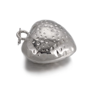Detailed macro view of heart-shaped strawberry pendant with silver metal texture