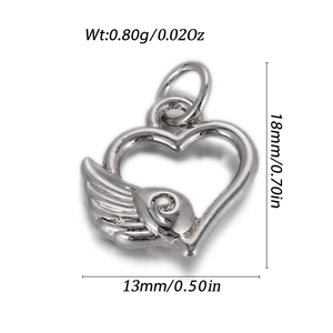 Detailed view of silver heart wing pendant with 18mm height and 13mm width dimensions