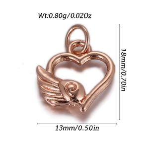 Rose gold winged heart pendant charm with dimensions 18mm by 13mm and 0.8g weight
