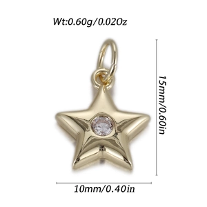 Detailed size view of gold star pendant with zircon, 15mm height and 0.60g weight