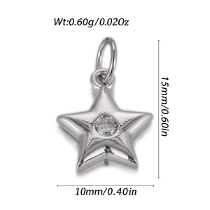 Macro shot of silver star pendant with round zircon inlay and precise dimensions