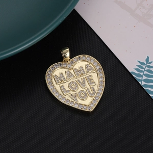 Minimalist gold heart pendant with MAMA LOVE YOU engraving and zircon border