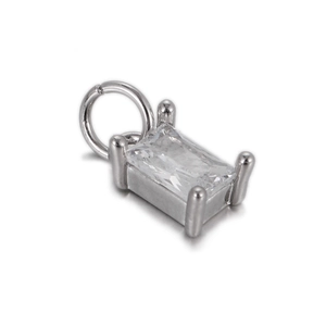 Detailed side view of a rectangular clear gem pendant with silver four-claw setting