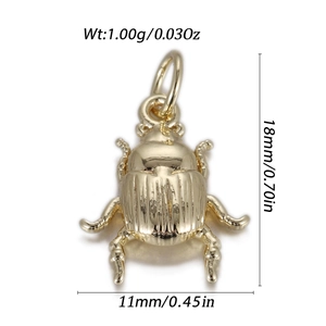 Golden beetle scarab pendant with dimensions showing height, width, and weight