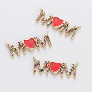 Detail of MOM letter charms with colorful crystals and red heart for jewelry making