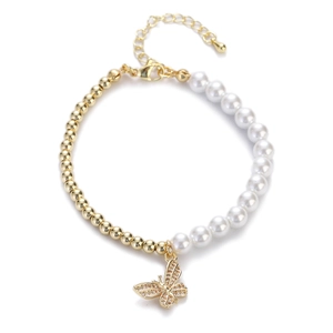 French vintage pearl and gold bead bracelet featuring a zircon butterfly pendant charm