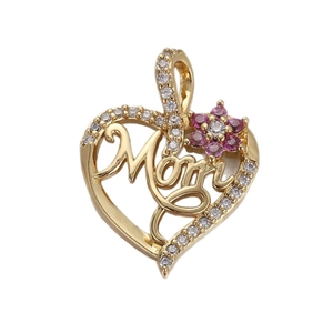 Ciondolo a cuore Mom dorato con pietre di zircone bianco e dettaglio di piccolo fiore