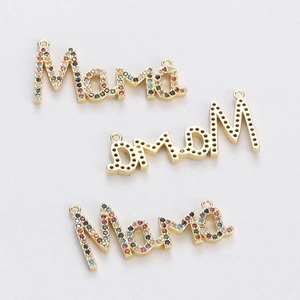 Detail of DIY Mama and Mom gold pendants with colorful micro-inlaid cubic zirconia