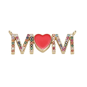 Gold MOM letter pendant with multicolored zircon pave and red enamel heart charm