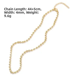 Details zur 44+5cm goldfarbenen Kugelkette mit Maßen und Karabinerverschluss-Angaben