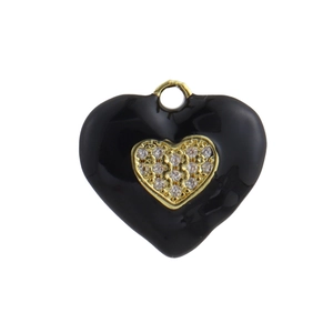 Detail of heart pendant with black enamel finish and gold-framed micro-paved zircons
