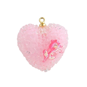 Pink heart pendant with cubic zirconia texture and 3D rose detail in gold plating