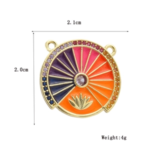 Detail showing 2.1cm vintage 18k gold tarot charm with enamel lotus and size specs