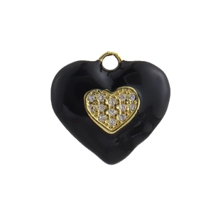 Fashionable black enamel heart pendant with sparkling white zircon in gold frame