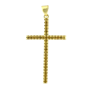 Detailed view of luxury gold cross pendant with micro-pave yellow zircon gemstones