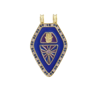 Hamsa shield pendant in 18k gold plating with blue enamel and dual hanging loops