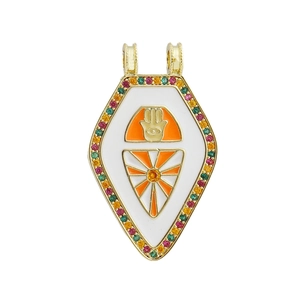 Luxurious 18k gold plated shield pendant with Hamsa symbol and colorful zircons