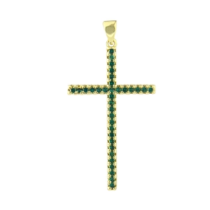 Detail of cross pendant featuring green micro-pave cubic zirconia on gold metal