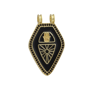 Detail of hamsa hand and sun ray pendant in 18k gold plated black enamel with double rings