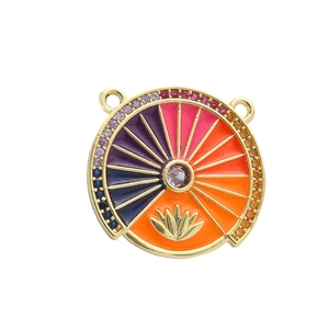 Vintage 18k gold plated tarot pendant with colorful enamel lotus and gemstone inlay