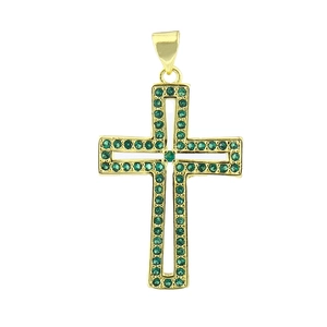 Luxurious gold-plated cross pendant with micro-paved green cubic zirconia stones