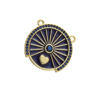 Detailed close-up of tarot style gold sun pendant with blue enamel and zircon inlay