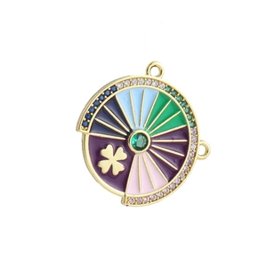 Detail of 18k gold plated tarot style lucky clover pendant with colorful enamel and zircon