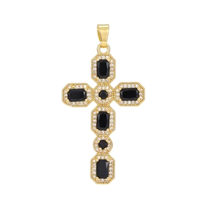Detailed close-up of a luxury gold cross pendant with black stones and micro-pave zircons