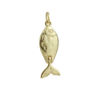 Macro shot of 18k gold plated fish pendant with polished finish and circular bail