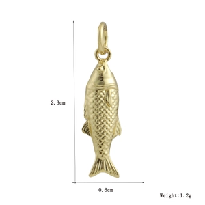 Macro detail of a 2.3cm golden fish pendant with scales and dimensions on white background