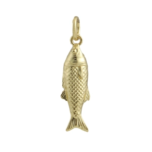 Detailed macro view of an 18k gold-plated fish pendant with Italy engraving and scales