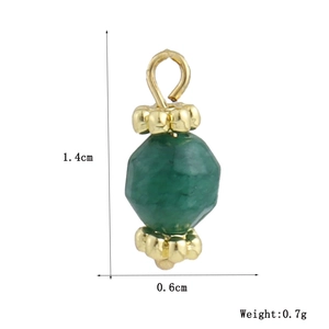 Detail view of green faceted stone pendant with 18k gold plating and dimension markings