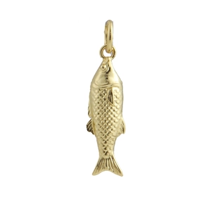 Detailed view of fish-shaped gold pendant with intricate scale texture and top loop