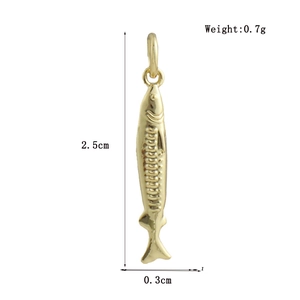 Detail of 18k gold plated small fish pendant with scale texture and size measurements